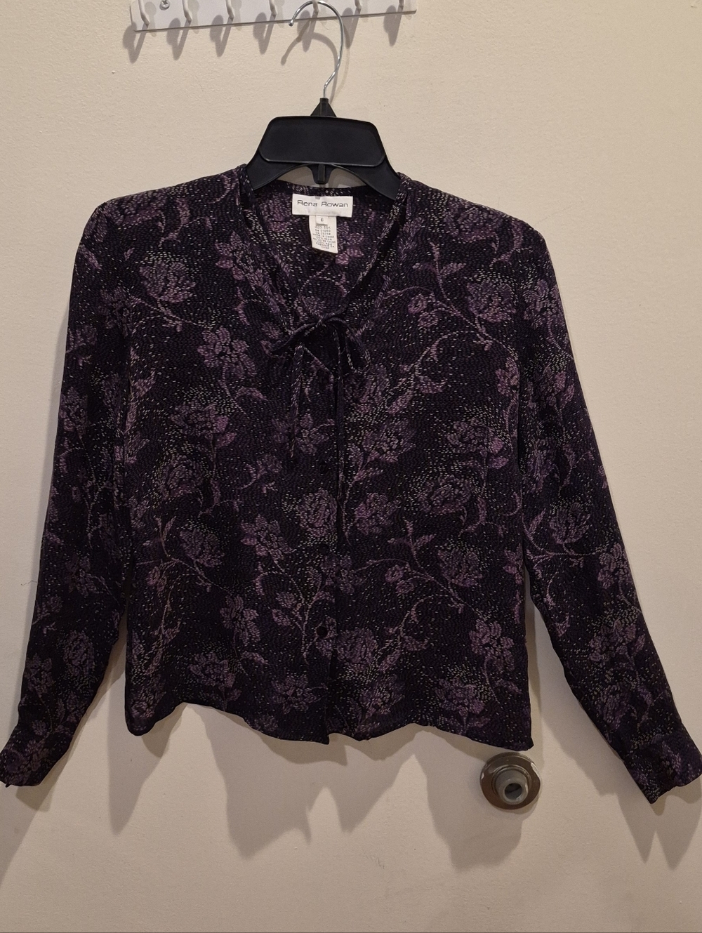 Rena Rowan Black and Purple Floral Tie-Neck Blouse